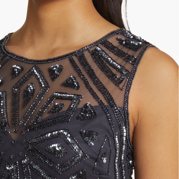 Pisarro Nights Slate Blue Geometric Beaded Sleeveless Gown D-2621 Size 14 - Picture 4 of 13